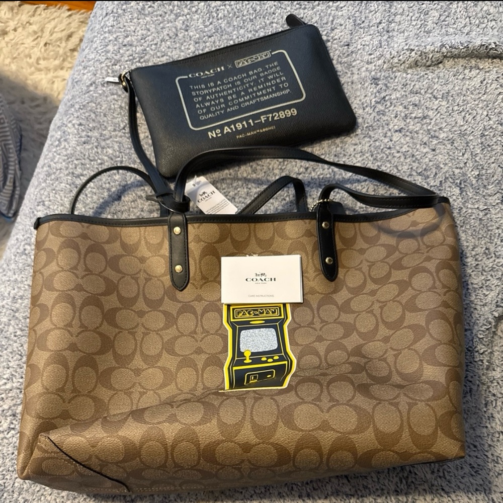 Coach X PacMan Brown Tote and Black Wristlet Set. NWT